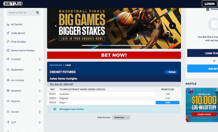 An image of the betting screen from BetUS, a popular online sportsbook for cricket match betting.